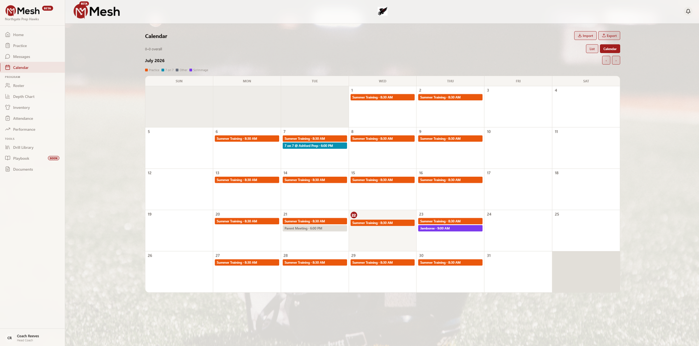 Mesh calendar — month view with practices, 7-on-7, and scrimmages