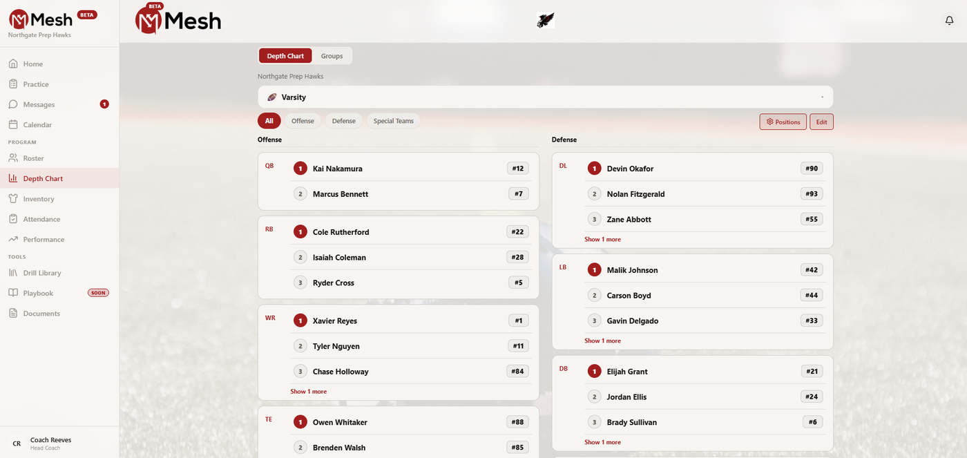 Mesh depth chart — offense and defense starters and backups by position
