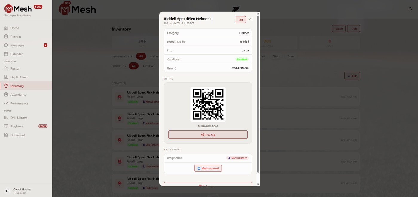 Mesh inventory — equipment item with QR tag and player assignment