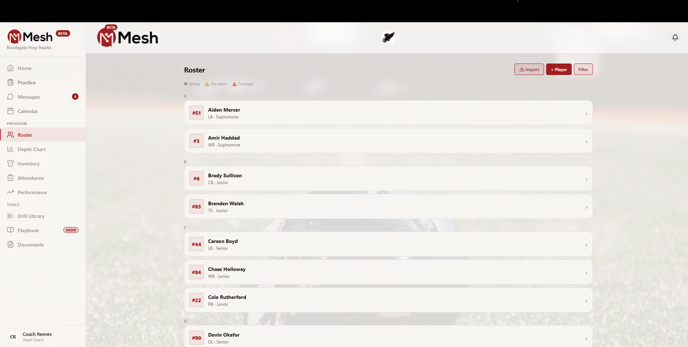 Mesh roster — alphabetical player list with numbers, positions, and class year