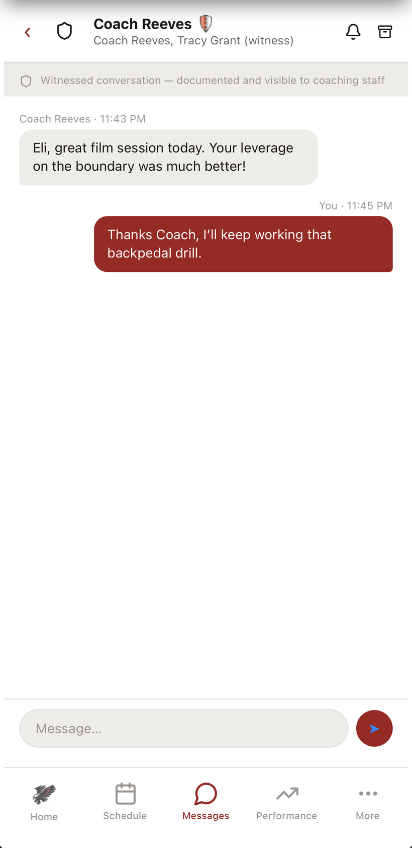 Mesh witnessed conversation — coach and player message with a parent witness